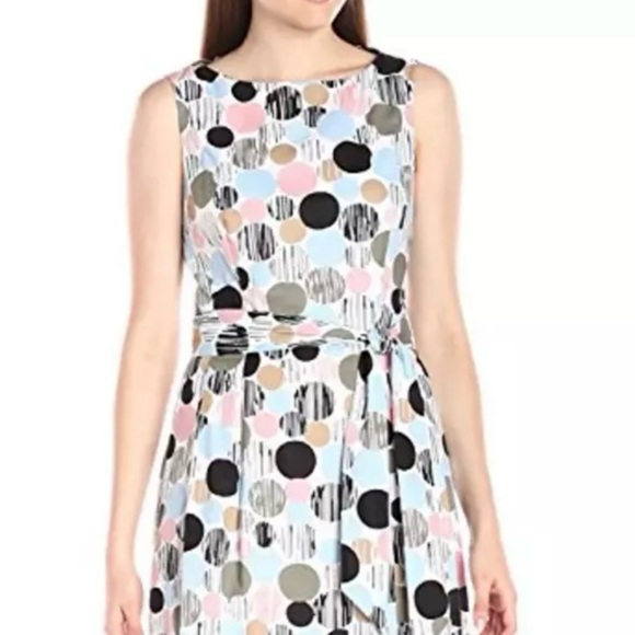 Anne Klein sleeveless pocket A-line Polka Dot Mini Dress pink black size 14 - Picture 2 of 15